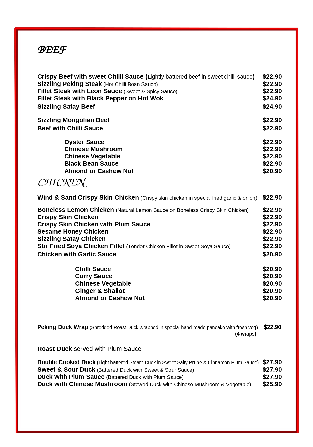 Menu - Leon Chinese Restaurant - Lutwyche, Brisbane