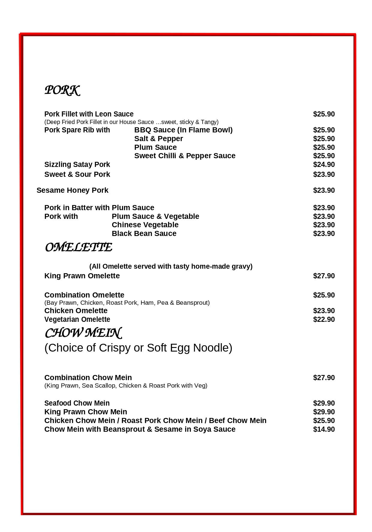 Menu - Leon Chinese Restaurant - Lutwyche, Brisbane